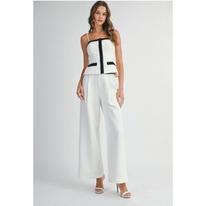 822 • White Black-Trimmed Spaghetti Strap Top & Wide Leg Pants Set